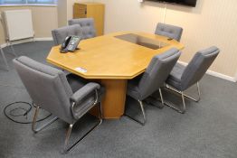 Octogen Shaped Board Room Table, with six fabric upholstered steel framed stand chairs and light oak