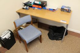 Curved Front Light Oak Veneered Cantilever Framed Desk, with steel framed table and two fabric