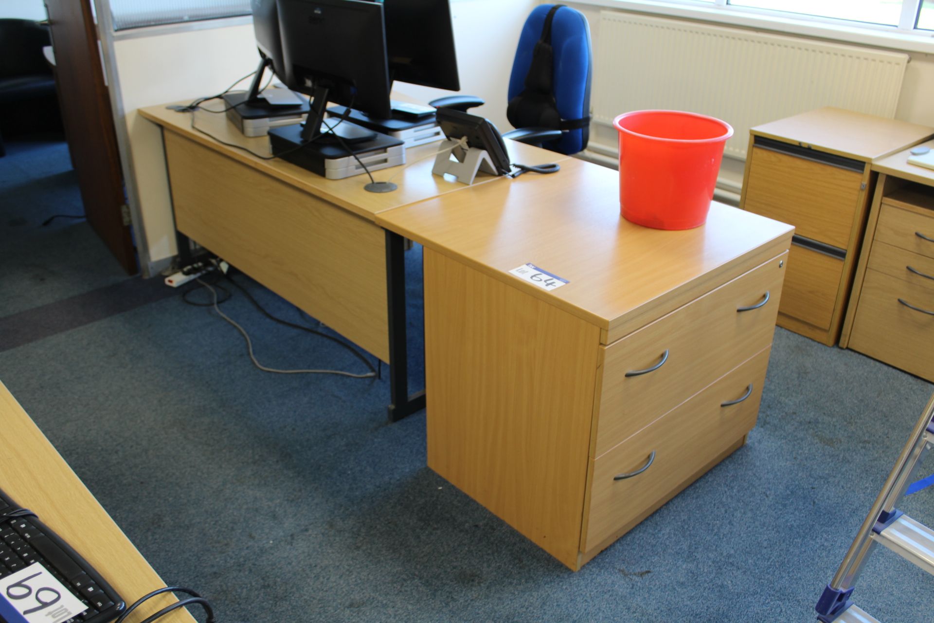 Curved Front Light Oak Veneered Cantilever Framed Desk, with chest of drawers, desk pedestal and