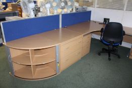 Curved Front Light Oak Veneered Cantilever Framed Desk, with cantilever framed desk, chest of