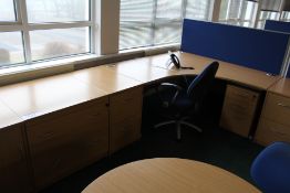Two Curved Front Light Oak Veneered Cantilever Framed Desks, with chest of drawers, three desk