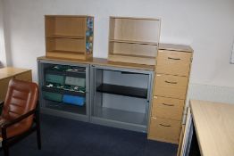 Two Silverline Tambour Door Cabinets, with two light oak veneered bookcases and four drawer filing