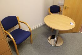 Light Oak Veneered Circular Meeting Table, with two fabric upholstered stand chairs, four drawer