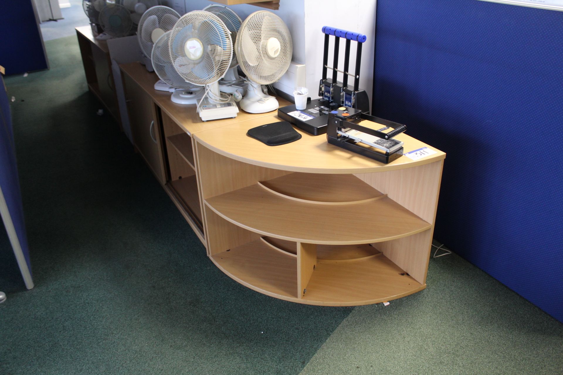 Two Light Oak Veneered Sliding Door Cabinets, with curved bookcase