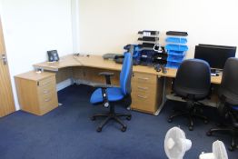 Two Curved Front Light Oak Veneered Cantilever Framed Desk, with three desk pedestals, three