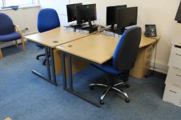 Two Curved Front Light Oak Veneered Cantilever Framed Desks, with two desk pedestals, two fabric