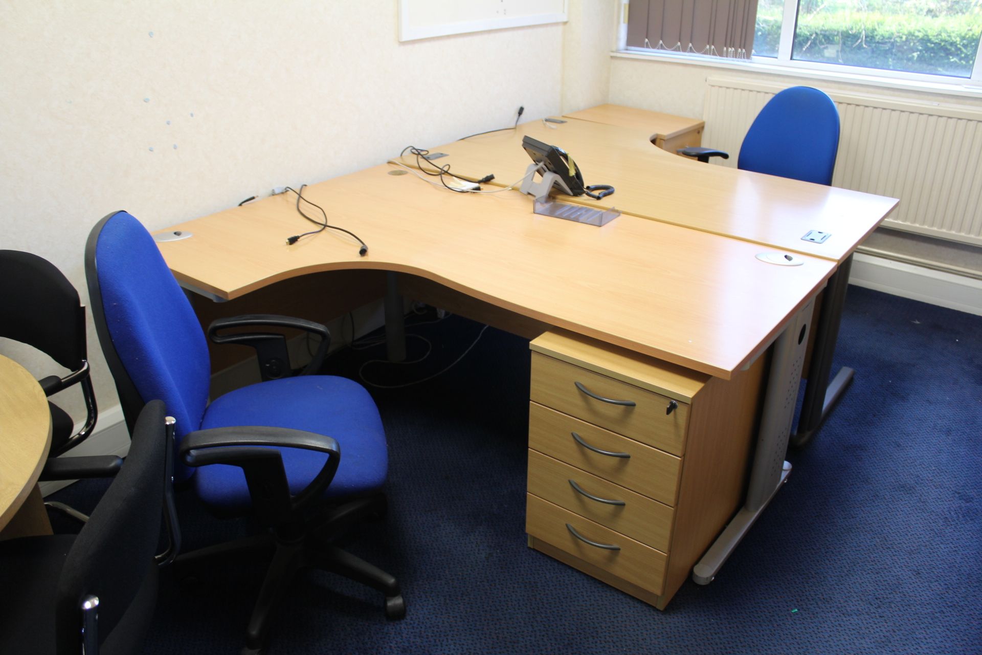 Two Curved Front Light Oak Veneered Cantilever Framed Desks, with double door cabinet, chest of