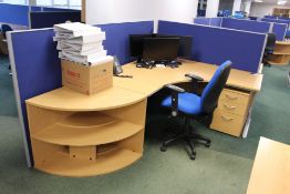 Curved Front Light Oak Veneered Cantilever Framed Desk, with desk pedestal, curved bookcase,