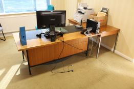 Oak Veneered Steel Framed Desk, with steel framed side table, desk lamp, fabric upholstered swivel