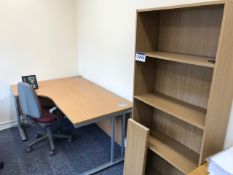 Light Oak Veneered Cantilever Framed Desk, with fabric upholstered swivel armchair and bookcase