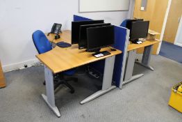 Two Curved Front Oak Veneered Cantilever Framed Desks, with two desk pedestals, acoustic wall and