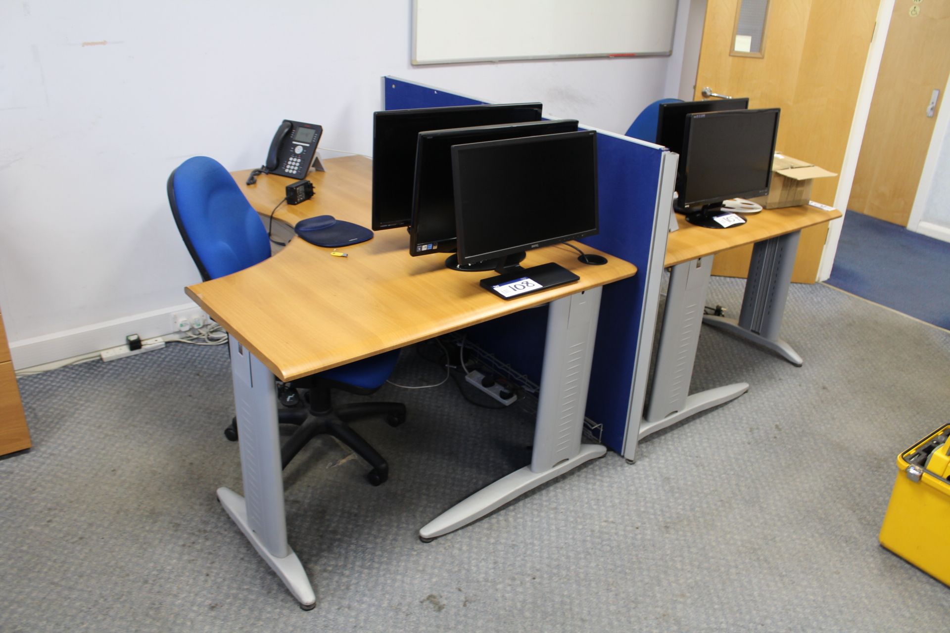 Two Curved Front Oak Veneered Cantilever Framed Desks, with two desk pedestals, acoustic wall and