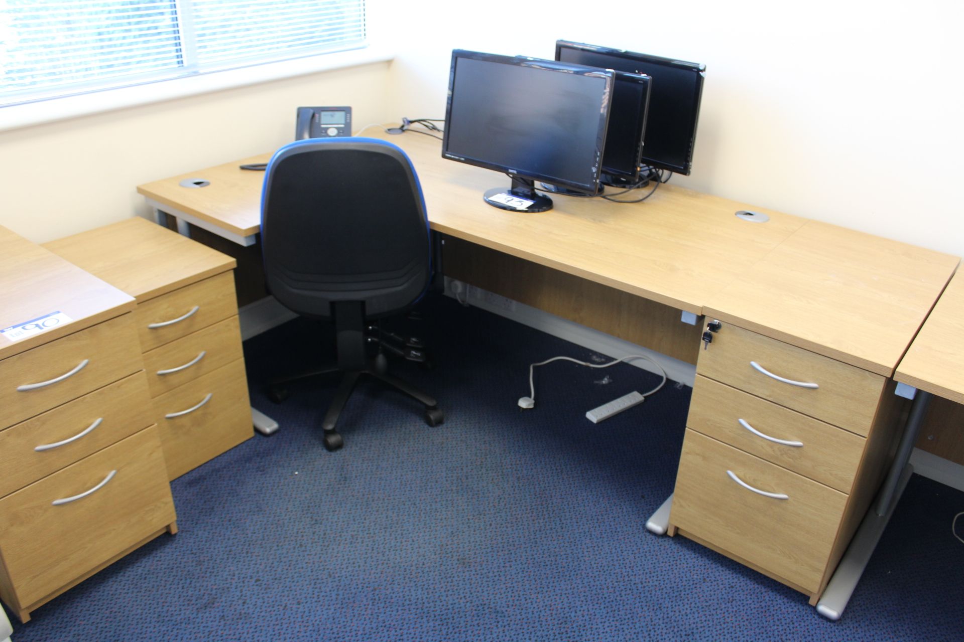 Two Curved Front Light Oak Veneered Cantilever Framed Desk, with three desk pedestals, two fabric - Image 2 of 2