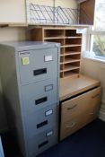 Light Oak Veneered Chest of Drawers, with shelving unit and steel four drawer filing cabinet