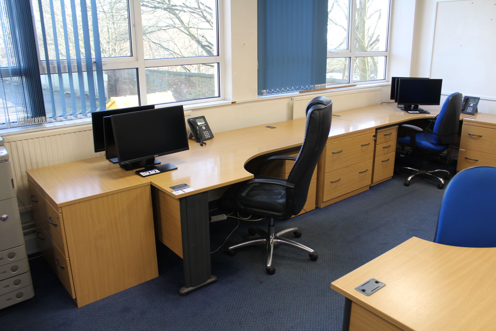 Two Curved Front Light Oak Veneered Cantilever Framed Desks, with two chest of drawers, two desk