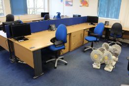 Curved Front Light Oak Veneered Cantilever Framed Desk, with chest of drawers, desk pedestal and