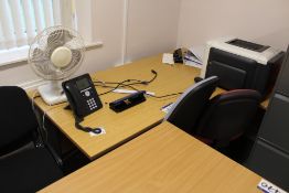 Curved Front Light Oak Veneered Cantilever Framed Desk, with steel framed table and five fabric