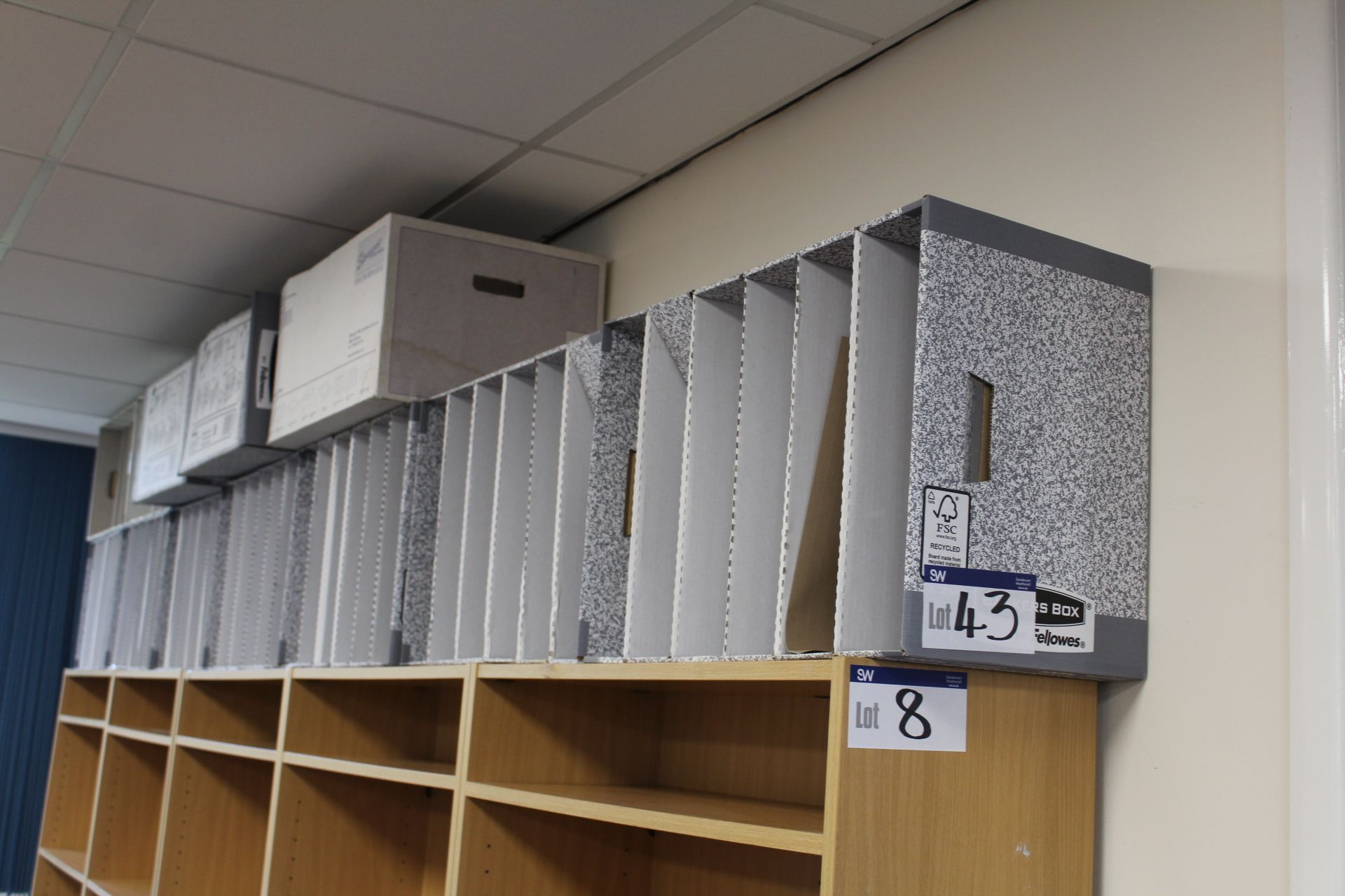 12 File Boxes, as set out on bookcases