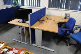 Three Curved Front Oak Veneered Cantilever Framed Desks, with two desk pedestals, acoustic wall