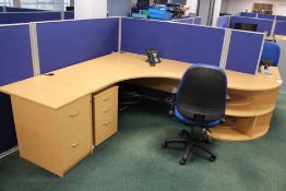 Two Curved Front Light Oak Veneered Cantilever Framed Desks, with sliding door cabinet, three desk