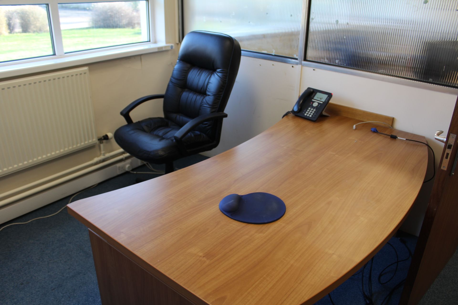 Contents of Office, including oak veneered curved front desk, side board, desk pedestal, glazed