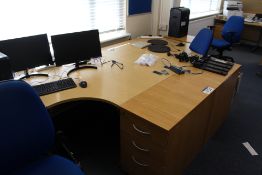 Two Curved Front Light Oak Veneered Cantilever Framed Desks, with three desk pedestals and two