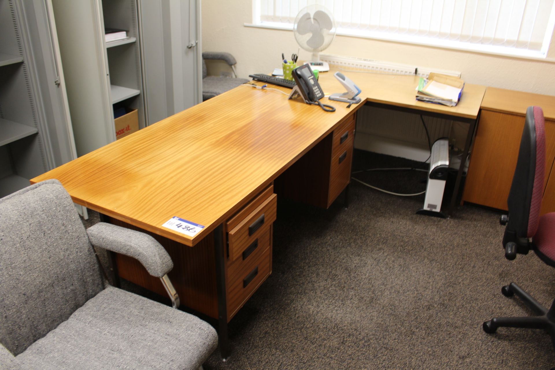 Steel Framed Pedestal Desk, with steel framed side table, double door cabinet, three fabric