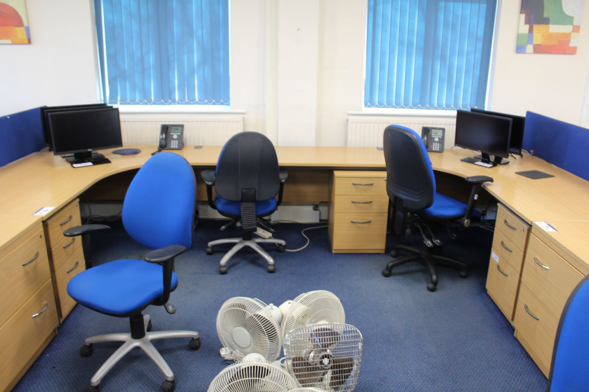 Two Curved Front Light Oak Veneered Cantilever Framed Desks, with extension desk, two desk pedestals