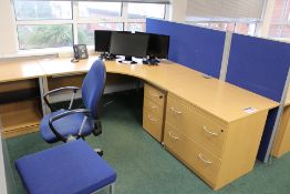 Curved Front Light Oak Veneered Cantilever Framed Desk, with tambour door cabinet, chest of drawers,