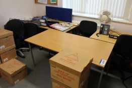 Curved Front Light Oak Veneered Cantilever Framed Desk, with steel framed table and two fabric