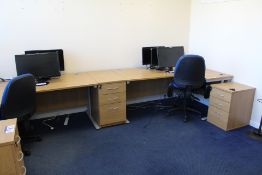 Two Curved Front Light Oak Veneered Cantilever Framed Desk, with three desk pedestals, two fabric