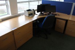 Curved Front Light Oak Veneered Cantilever Framed Desk, with curved front tambour door cabinet,