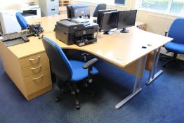 Two Curved Front Light Oak Veneered Cantilever Framed Desks, with two desk pedestals and two