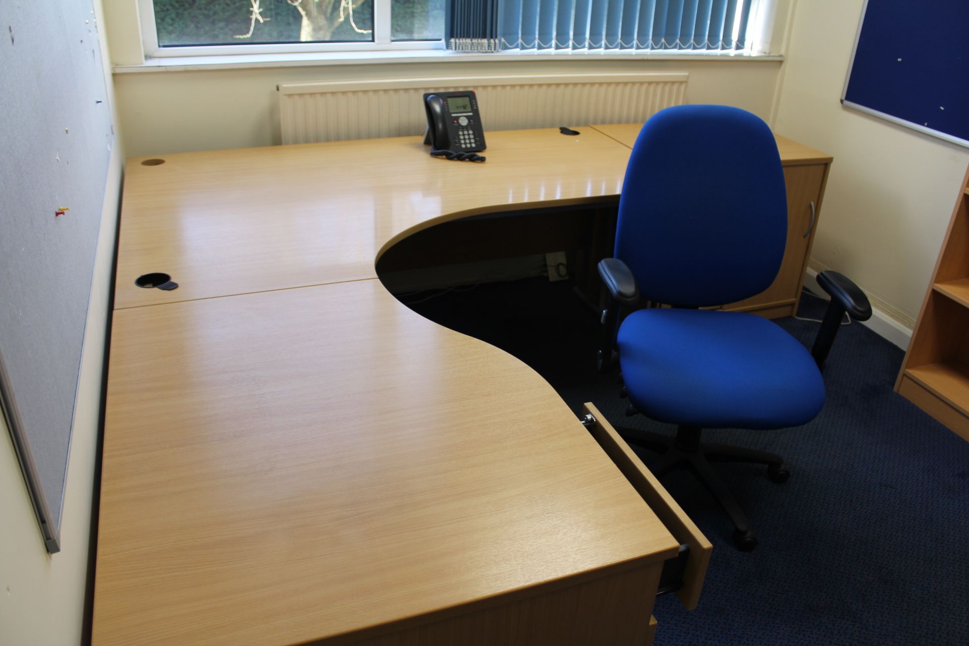 Contents of Office, including a curved front light oak veneered cantilever framed desk, curved