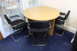 Light Oak Veneered Circular Meeting Table, with three fabric upholstered stand chairs