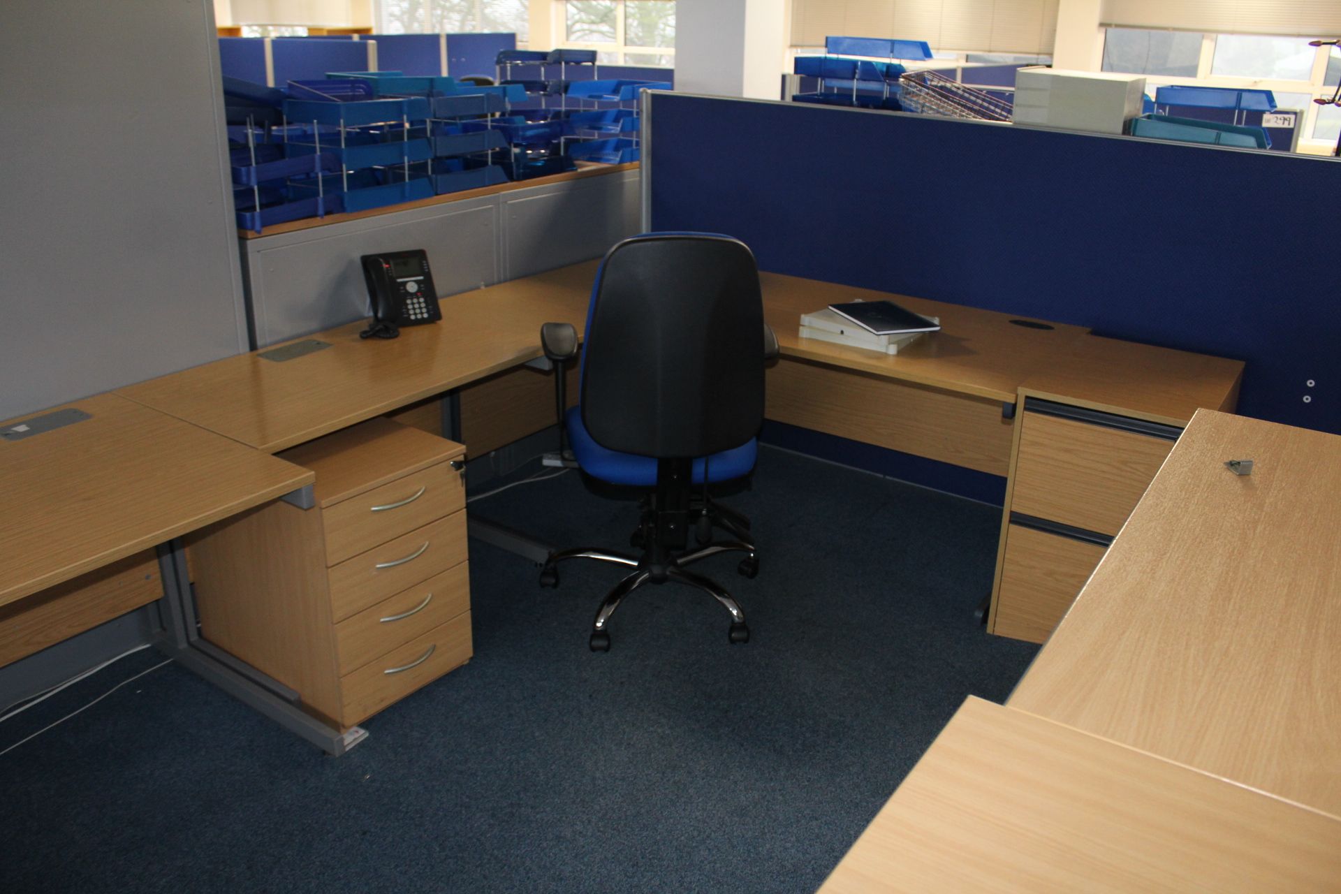 Two Curved Front Light Oak Veneered Cantilever Framed Desks, with three cantilever framed desks, - Image 2 of 2