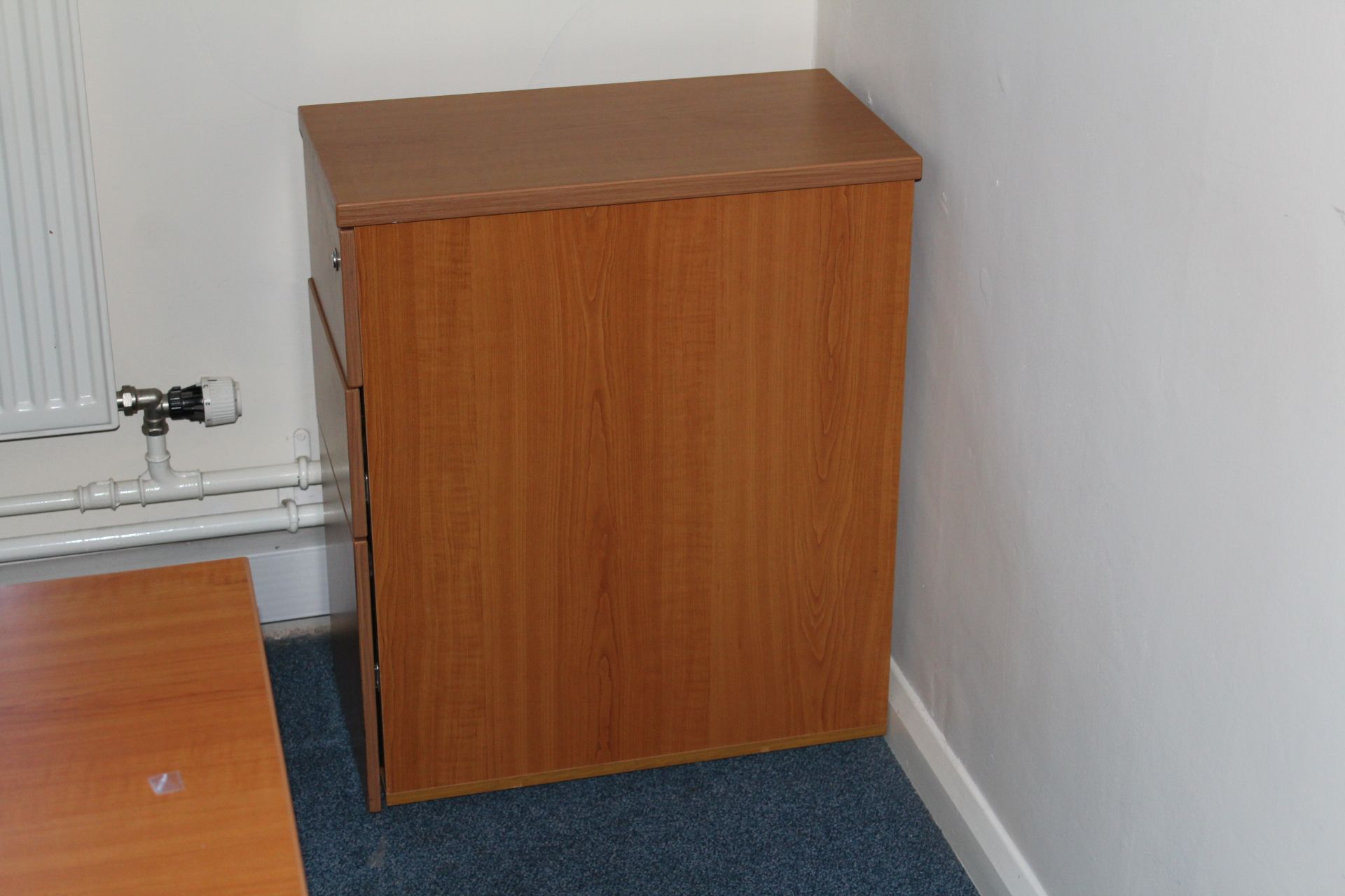 Curved Front Oak Veneered Cantilever Framed Desk, with sliding door multi-compartment storage - Image 2 of 2