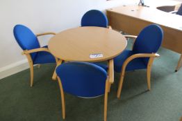Light Oak Veneered Circular Meeting Table, with four fabric upholstered armchairs