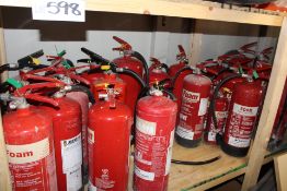 Assorted Fire Extinguishers, as set out on one tier of rack