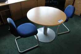 Light Oak Veneered Circular Meeting Table, with two fabric upholstered stand chairs