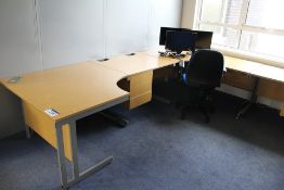 Two Curved Front Light Oak Veneered Cantilever Framed Desks, with two cantilever framed desks and
