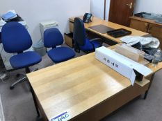 Two Oak Veneered Steel Framed Desks, with extension table, desk pedestal and three fabric