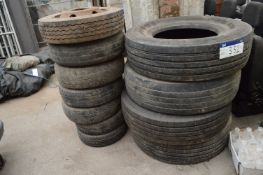 11 Assorted Tyres, as set out in two stacks