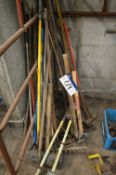 Assorted Sledge Hammers, rakes and mops, as set ou
