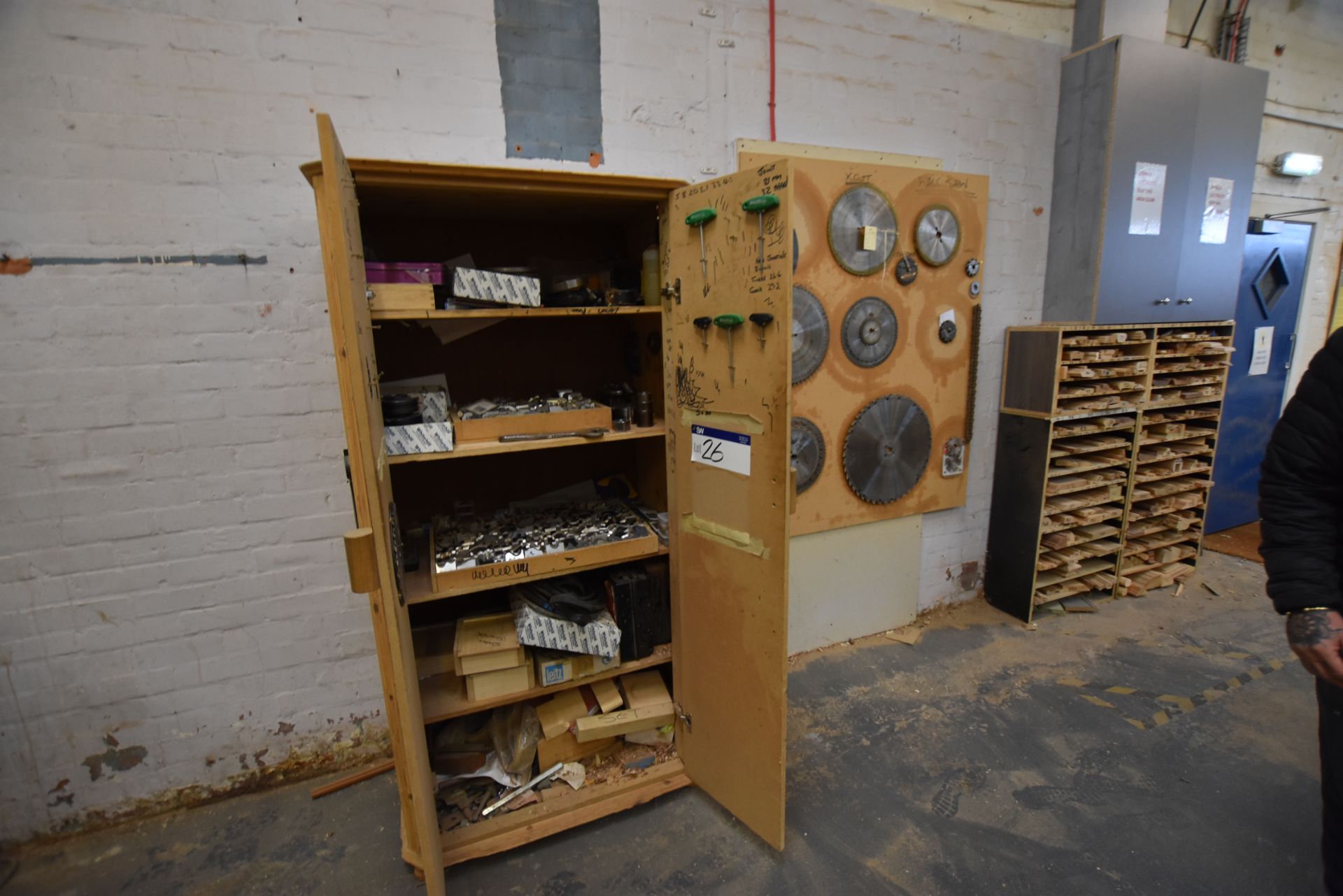 Double Door Wood Cabinet, with contents including