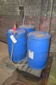 Three ProFicio Cleaning Liquid Drums, including chassis cleaner and auto shine, with barrel pump