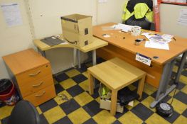 Curved Front Oak Veneered Cantilever Framed Desk, with desk pedestal, curved side table and