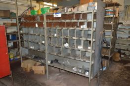 Multi-Compartment Steel Stock Rack, with contents including fastenings, fittings and electrical