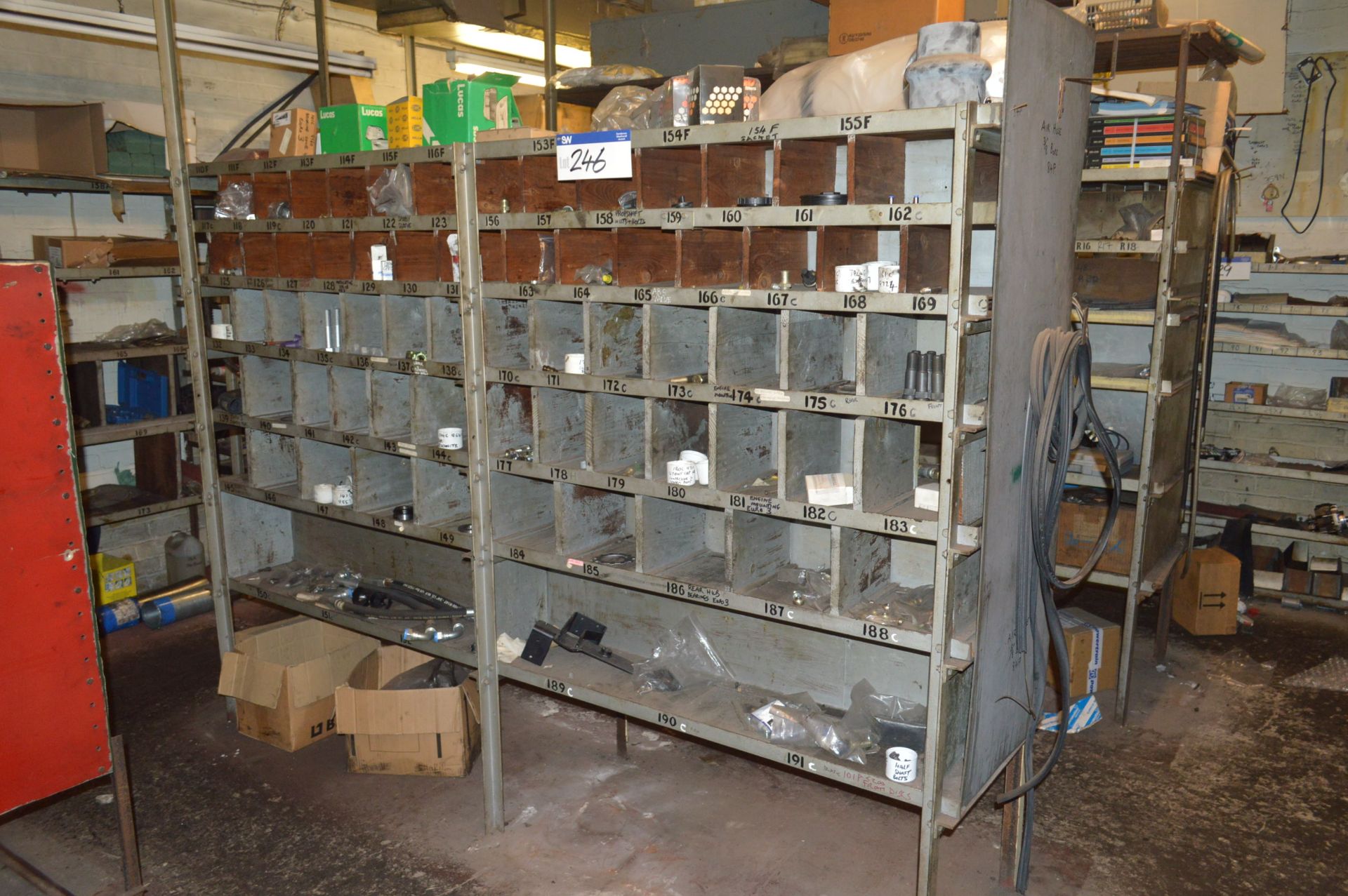 Multi-Compartment Steel Stock Rack, with contents including fastenings, fittings and electrical