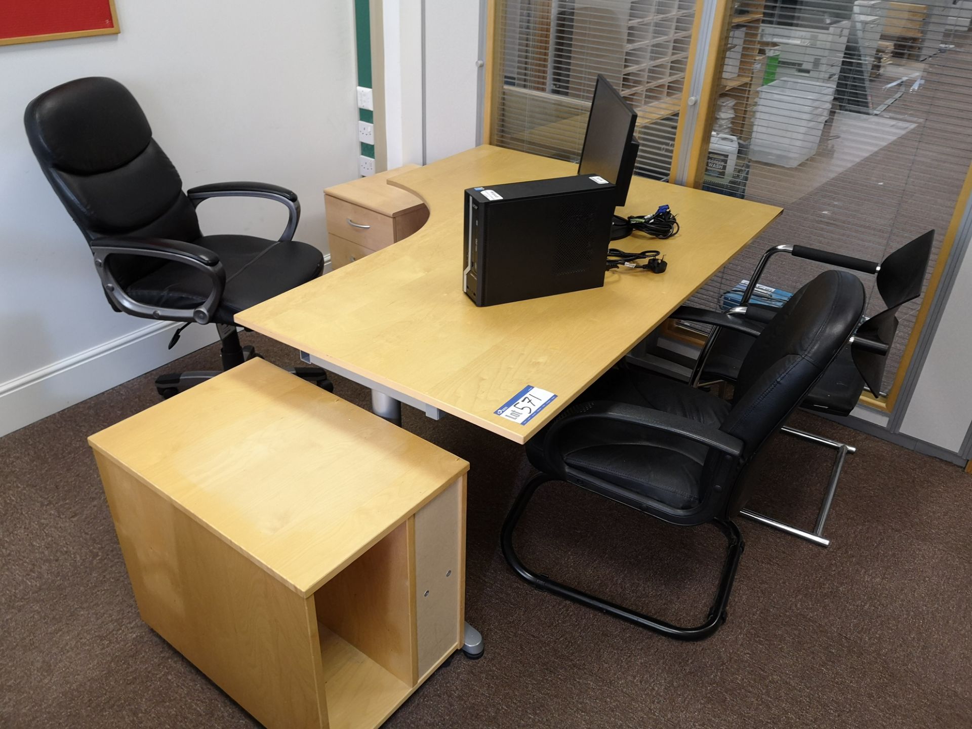 Light Oak Veneered Shaped Workstation, with three